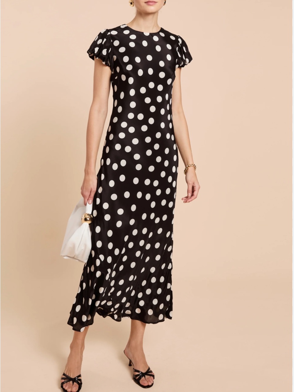 Black Polka Dot Maxi Dress with Puff Sleeves